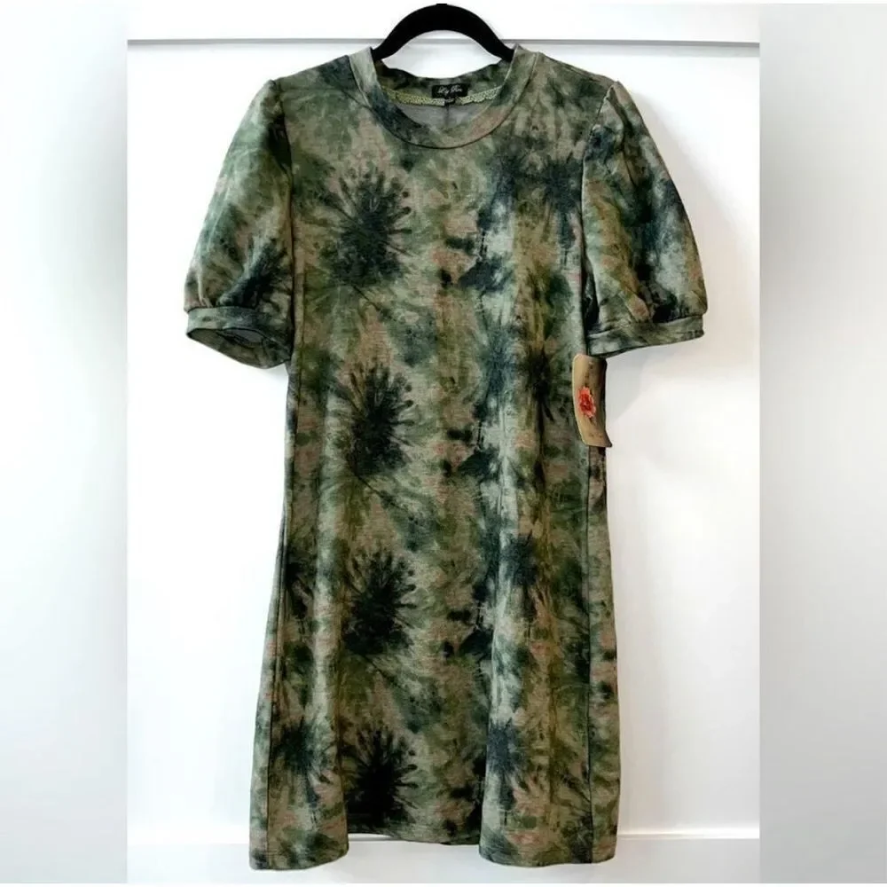 New Lily Rose Tie-Dye Mini to Knee Length Shirt Dress Sz L Women’s Green w Pink - Picture 9 of 9